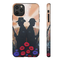 Load image into Gallery viewer, Phone case with an Australian and New Zealand soldier back to back with light-horsemen in the background and poppies in the foreground