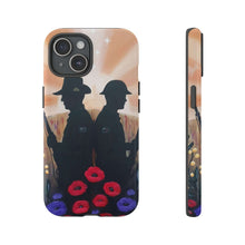 Load image into Gallery viewer, Phone case with an Australian and New Zealand soldier back to back with light-horsemen in the background and poppies in the foreground