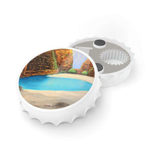 Load image into Gallery viewer, Plastic exterior w/ metallic bottom, magnetic back, 2 different opening mechanisms, matte finish. Art by Kerry Sandhu Art