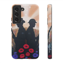 Load image into Gallery viewer, Phone case with an Australian and New Zealand soldier back to back with light-horsemen in the background and poppies in the foreground