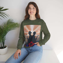 Load image into Gallery viewer, Sweatshirt with an Australian and New Zealand soldier back to back with light-horsemen in the background and poppies in the foreground