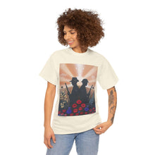 Load image into Gallery viewer, T-shirt with an Australian and New Zealand soldier back to back with light-horsemen in the background and poppies in the foreground