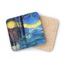 Load image into Gallery viewer, Corkwood underside, glossy finish on top. Available in 1 or 4 pc sets. 9.5 x 9.5cm. Colourful pathway of lights in the rain.