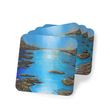 Load image into Gallery viewer, Corkwood underside, glossy finish on top. 1 or 4 pc sets. 9.5 x 9.5cm. Mystical river with a full moon and moon reflections