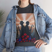 Load image into Gallery viewer, T-shirt with an Australian and New Zealand soldier back to back with light-horsemen in the background and poppies in the foreground