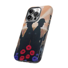Load image into Gallery viewer, Phone case with an Australian and New Zealand soldier back to back with light-horsemen in the background and poppies in the foreground