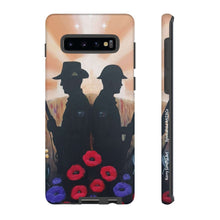 Load image into Gallery viewer, Phone case with an Australian and New Zealand soldier back to back with light-horsemen in the background and poppies in the foreground