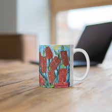 Load image into Gallery viewer, 11oz BPA, lead-free, microwave/dishwasher safe, white ceramic, vivid colours. Many original artworks by Kerry Sandhu Art