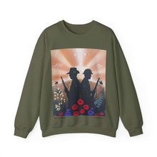Load image into Gallery viewer, Sweatshirt with an Australian and New Zealand soldier back to back with light-horsemen in the background and poppies in the foreground