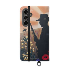 Load image into Gallery viewer, Phone case wallet with an Australian and New Zealand soldier back to back with light-horsemen in the background and poppies in the foreground