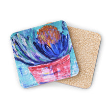 Load image into Gallery viewer, Corkwood underside, glossy finish on top. 1 or 4 pc sets. 9.5 x 9.5cm. Impressionistic painting of a banksia plant in a pot.