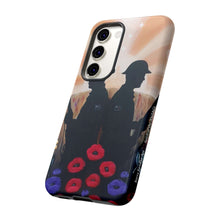 Load image into Gallery viewer, Phone case with an Australian and New Zealand soldier back to back with light-horsemen in the background and poppies in the foreground