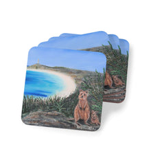 Load image into Gallery viewer, Corkwood underside, glossy finish on top. 1 or 4 pc sets. 9.5 x 9.5cm. Iconic quokkas on Rottnest Island Western Australia