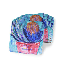 Load image into Gallery viewer, Corkwood underside, glossy finish on top. 1 or 4 pc sets. 9.5 x 9.5cm. Impressionistic painting of a banksia plant in a pot.
