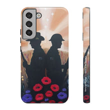 Load image into Gallery viewer, Phone case with an Australian and New Zealand soldier back to back with light-horsemen in the background and poppies in the foreground