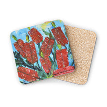 Load image into Gallery viewer, Corkwood underside, glossy finish on top. 1 or 4 pc sets. 9.5 x 9.5cm. Impressionistic painting of red bottle brush flowers