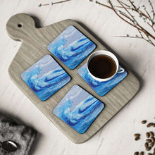 Load image into Gallery viewer, Corkwood underside, glossy finish on top. 1 or 4 pc sets. 9.5 x 9.5cm. Abstract fluid painting of a sea and wave