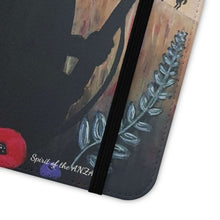 Load image into Gallery viewer, Phone case wallet with an Australian and New Zealand soldier back to back with light-horsemen in the background and poppies in the foreground