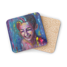 Load image into Gallery viewer, Corkwood underside, glossy finish on top. 1 or 4 pc sets. 9.5 x 9.5cm. Laughing female w/ paint splashes on her. LGBTQIA+