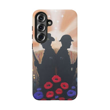 Load image into Gallery viewer, Phone case with an Australian and New Zealand soldier back to back with light-horsemen in the background and poppies in the foreground