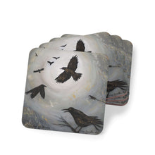 Load image into Gallery viewer, Corkwood underside, glossy finish on top. Available in 1 or 4 pc sets. 9.5 x 9.5cm. Scene of crows, ravens, blackbirds flying