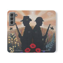 Load image into Gallery viewer, Phone case wallet with an Australian and New Zealand soldier back to back with light-horsemen in the background and poppies in the foreground