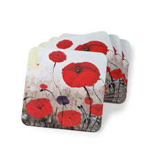 Load image into Gallery viewer, Corkwood underside, glossy finish on top. 1 or 4 pc sets. 9.5x9.5cm. ANZAC inspired red poppies for fallen service personnel