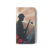 Load image into Gallery viewer, Phone case wallet with an Australian and New Zealand soldier back to back with light-horsemen in the background and poppies in the foreground