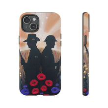 Load image into Gallery viewer, Phone case with an Australian and New Zealand soldier back to back with light-horsemen in the background and poppies in the foreground