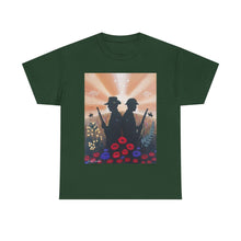 Load image into Gallery viewer, T-shirt with an Australian and New Zealand soldier back to back with light-horsemen in the background and poppies in the foreground