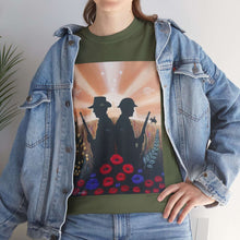 Load image into Gallery viewer, T-shirt with an Australian and New Zealand soldier back to back with light-horsemen in the background and poppies in the foreground