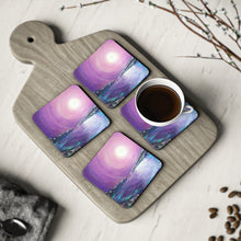 Load image into Gallery viewer, Corkwood underside, glossy finish on top. 1 or 4 pc sets. 9.5 x 9.5cm. Mystical landscape, seascape full moon & reflections