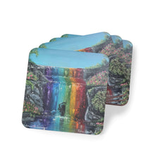Load image into Gallery viewer, Corkwood underside, glossy finish on top. 1 or 4 pc sets. 9.5x9.5cm. Silhouette of a woman under a chakra-coloured waterfall