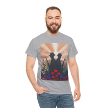 Load image into Gallery viewer, T-shirt with an Australian and New Zealand soldier back to back with light-horsemen in the background and poppies in the foreground