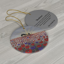 Load image into Gallery viewer, Original artwork front, description on back. Thick high-quality porcelain. 7cm diameter. Comes w/ ribbon by Kerry Sandhu Art