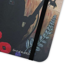 Load image into Gallery viewer, Phone case wallet with an Australian and New Zealand soldier back to back with light-horsemen in the background and poppies in the foreground