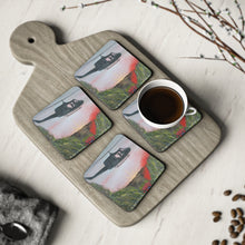 Load image into Gallery viewer, Corkwood underside, glossy finish on top. 1 or 4 pc sets. 9.5x9.5cm. ANZAC Inspired Vietnam War Battle of Long Tan w/ chopper