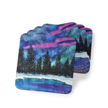 Load image into Gallery viewer, Corkwood underside, glossy finish on top. Available in 1 or 4 pc sets. 9.5 x 9.5cm. Northern lights, Aurora Borealis, snow