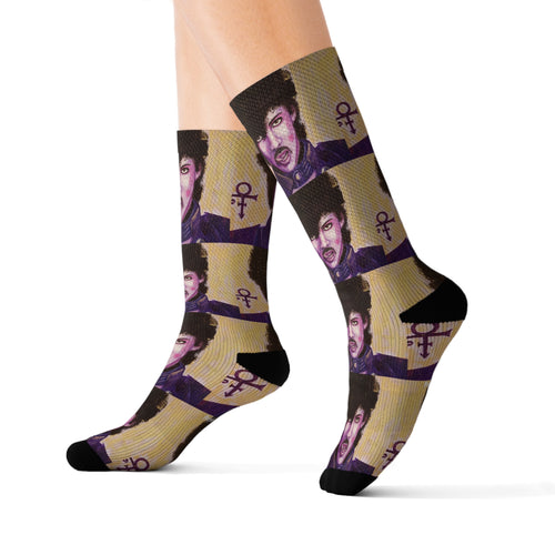 Step out in style with these funky socks! 3 sizes. Ribbed tube, cushioned bottoms, sublimated print by Kerry Sandhu Art