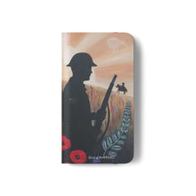 Load image into Gallery viewer, Phone case wallet with an Australian and New Zealand soldier back to back with light-horsemen in the background and poppies in the foreground