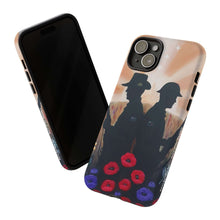 Load image into Gallery viewer, Phone case with an Australian and New Zealand soldier back to back with light-horsemen in the background and poppies in the foreground