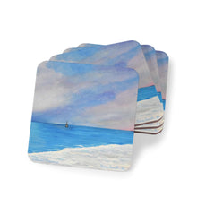 Load image into Gallery viewer, Corkwood underside, glossy finish on top. 1 or 4 pc sets. 9.5 x 9.5cm. Sunset at iconic Cottesloe Beach, Western Australia.