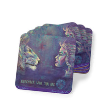 Load image into Gallery viewer, Corkwood underside, glossy finish top. 1 or 4 pc sets. 9.5x9.5cm. Female looking at lion w/ the words "Remember who you are"