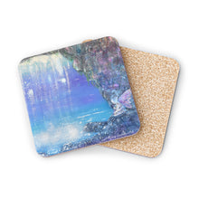 Load image into Gallery viewer, Corkwood underside, glossy finish on top. 1 or 4 pc sets. 9.5 x 9.5cm. Whimsical fairy playground behind a waterfall