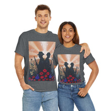 Load image into Gallery viewer, T-shirt with an Australian and New Zealand soldier back to back with light-horsemen in the background and poppies in the foreground