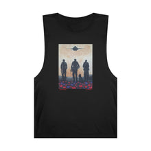 Load image into Gallery viewer, Regular fit sleeveless tank tee is 100% light cotton w/ low & raw (unsewn) armholes by Kerry Sandhu Art. 7 ANZAC designs