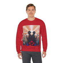 Load image into Gallery viewer, Sweatshirt with an Australian and New Zealand soldier back to back with light-horsemen in the background and poppies in the foreground