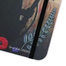 Load image into Gallery viewer, Phone case wallet with an Australian and New Zealand soldier back to back with light-horsemen in the background and poppies in the foreground