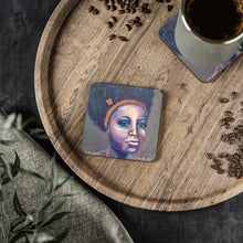 Load image into Gallery viewer, Corkwood underside, glossy finish on top. 1 or 4 pc sets. 9.5 x 9.5cm. Bold coloured portrait of a sassy woman with an afro