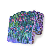 Load image into Gallery viewer, Corkwood underside, glossy finish on top. 1 or 4 pc sets. 9.5 x 9.5cm. Impressionistic painting of a flowering gum tree
